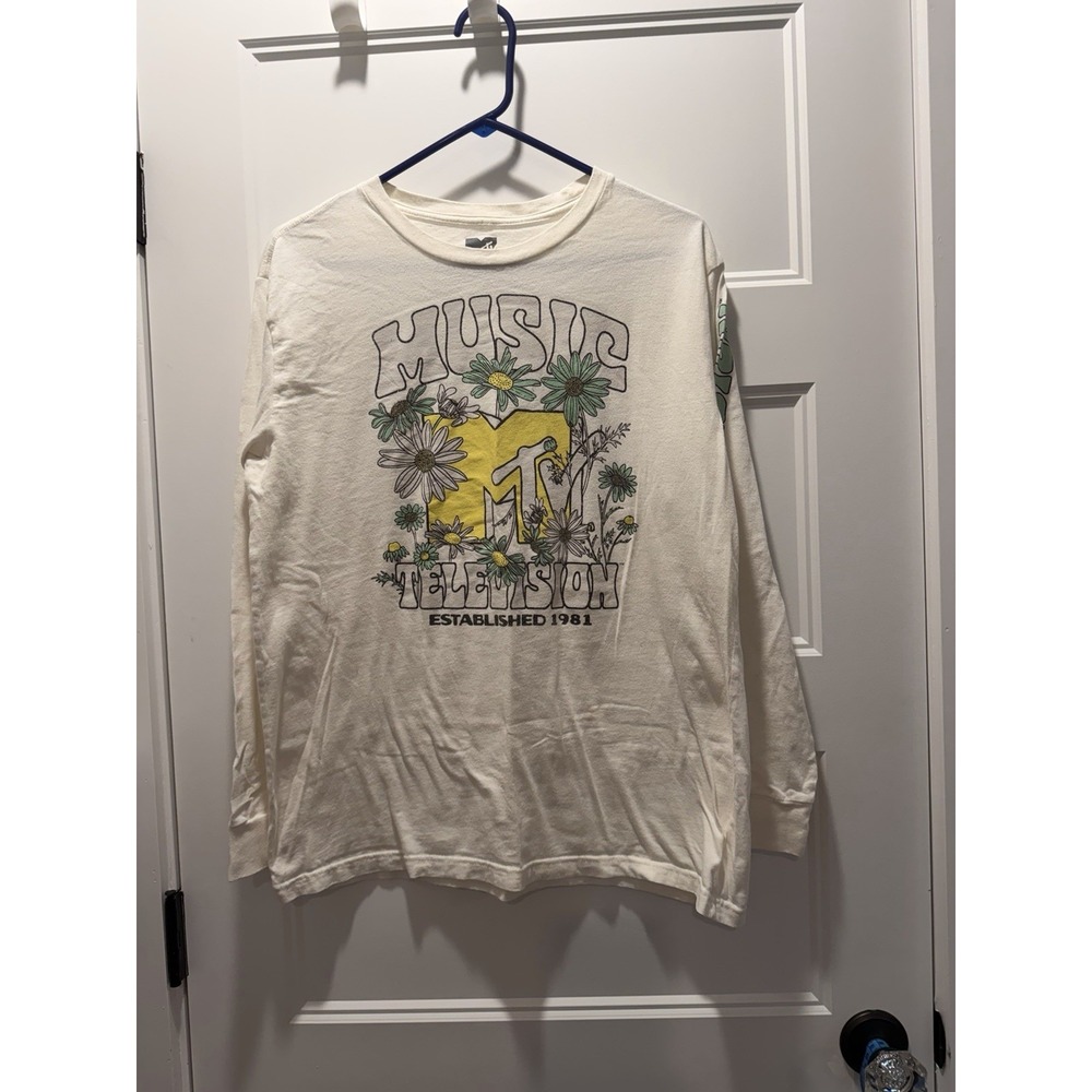 MTV Music Television Long Sleeve Shirt Large Cream Floral 70s Retro Est 1981